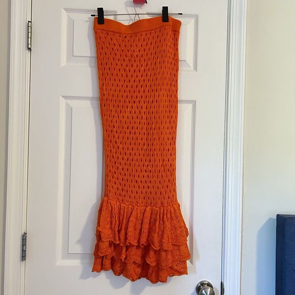 Beach Riot Skirt Midi Orange Crochet Knit Ruffle Swim Coverup Womens Small Polly - Picture 2 of 9
